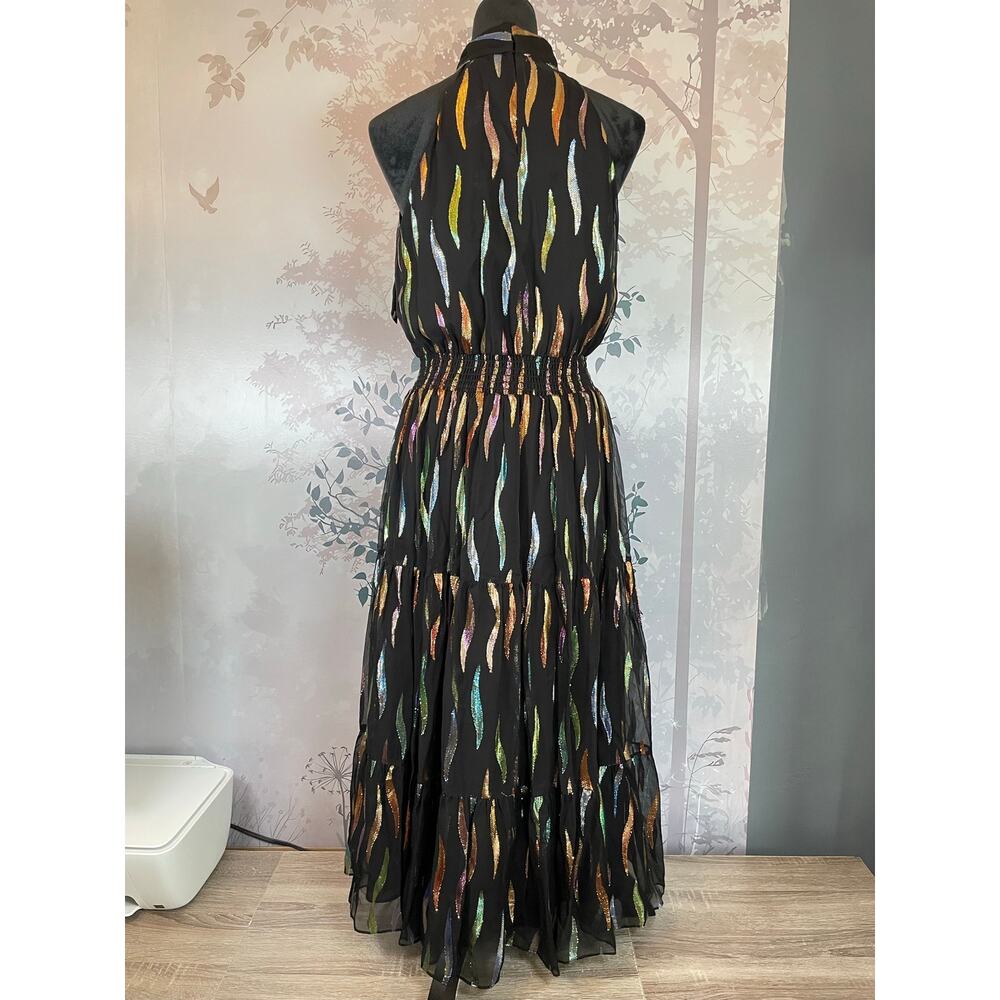 Shoshanna Metallic Rainbow Halter Neck Smocked Maxi Dress Black 10 Bow Tie - Picture 2 of 6